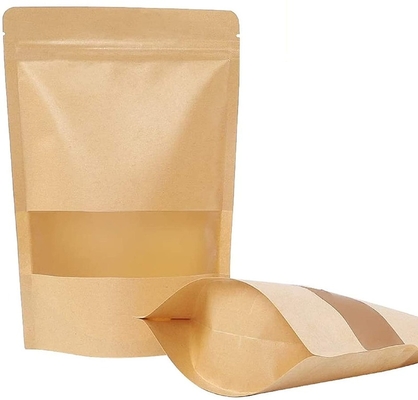 Custom Single Barrier Stand Up Doypack Food Grocery Pouch Craft Paper Packaging Bag With Window And Zipper Soy Beans Spice Packaging Bags